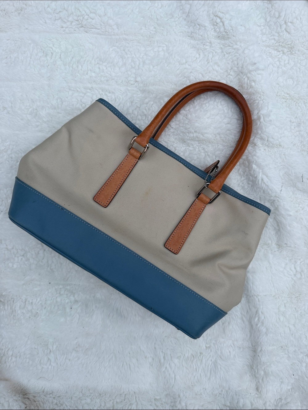 COACH Cream and Blue Tote Bag with Brown Handles
